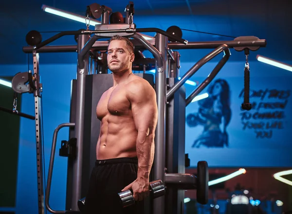 Homem atlético com corpo muscular fazendo excersises com halteres em um ginásio — Fotografia de Stock