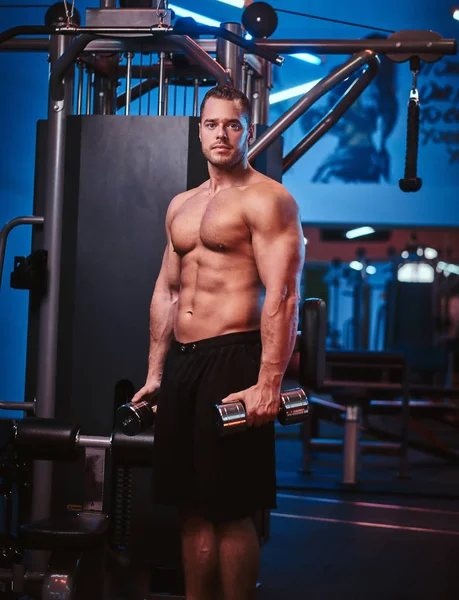 Homme athlétique avec le corps musculaire faisant des exercices avec des haltères dans une salle de gym — Photo