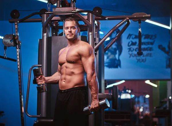 Athletic man with muscular body doing excersises with dumbbells in a gym — Stockfoto