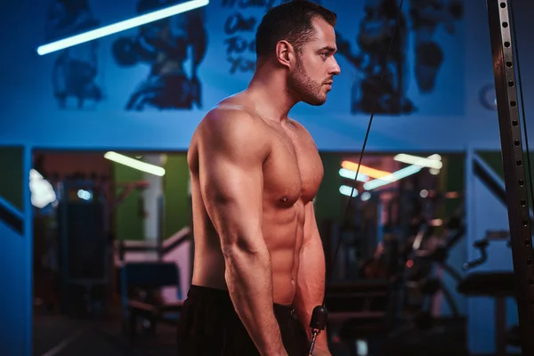 Homme athlétique faisant des exercices sur triceps avec une machine à tirer à la main dans une salle de gym moderne — Photo
