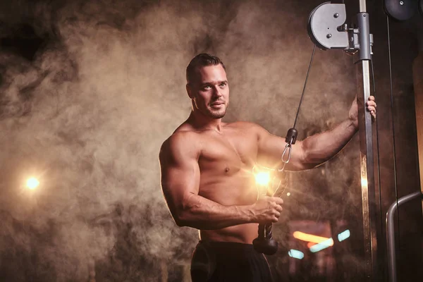 Fit athlete posing in a dark gym surrounded by smoke while doing excersise on a hand pull machine — Stockfoto