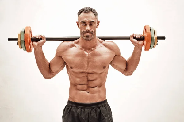 Mannelijke Bodybuilder Draagt Sportkleding Doet Een Oefening Met Een Lange — Stockfoto