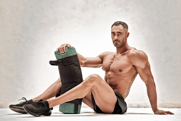 Strong Adult Shirtless Man Relaxing Floor Weight Bag Workout Wearing — Stock Photo, Image