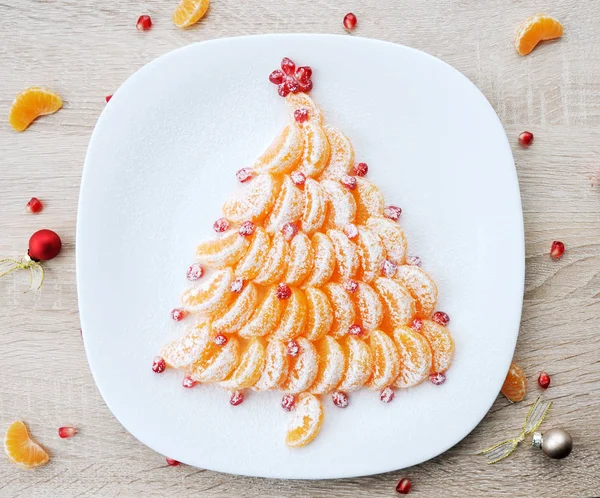 Fruit Tangerine sapin de Noël - Nouvel An nourriture fond vue du dessus espace vide pour le texte — Photo