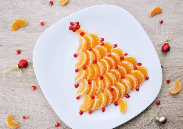 Fruit Tangerine sapin de Noël - Nouvel An nourriture fond vue du dessus espace vide pour le texte — Photo