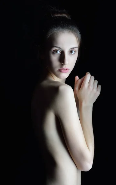 Torso Portrait Beautiful Naked Woman Dark Studio — Stock Photo, Image