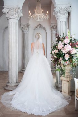 Lüks gelinlik büyüleyici genç gelin. Güzel kız, geri