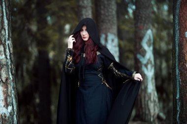 Young beautiful and mysterious woman in woods, in black cloak with hood, image of forest elf or witch clipart
