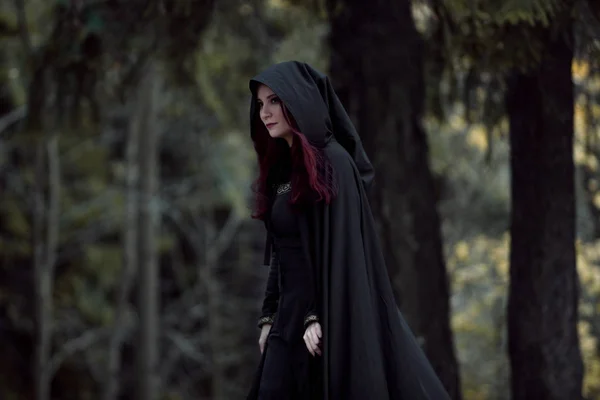 Young beautiful and mysterious woman in woods, in black cloak with hood, image of forest elf or witch — Stock Photo, Image