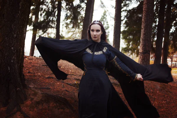 Young beautiful and mysterious woman in woods, in black cloak with hood, image of forest elf or witch — Stock Photo, Image