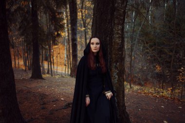 Genç güzel ve gizemli kadın ormanda hood, orman elf ya da cadı görüntü ile siyah pelerin