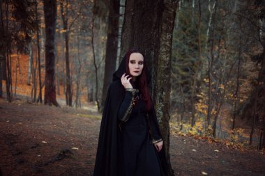 Genç güzel ve gizemli kadın ormanda hood, orman elf ya da cadı görüntü ile siyah pelerin