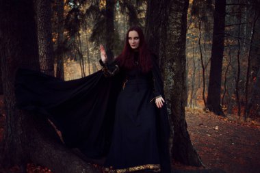 Genç güzel ve gizemli kadın ormanda hood, orman elf ya da cadı görüntü ile siyah pelerin