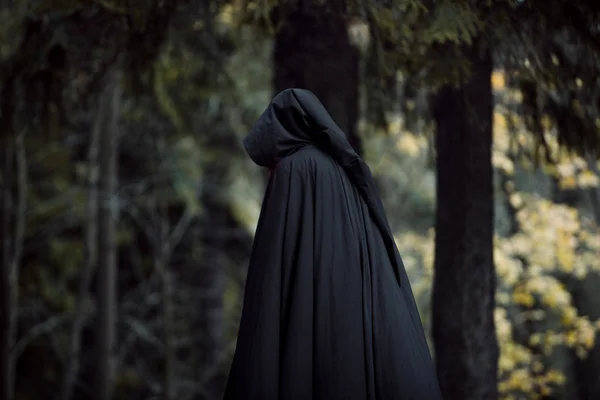 Giovane donna bella e misteriosa nel bosco, in mantello nero con cappuccio, immagine di elfo della foresta o strega — Foto Stock