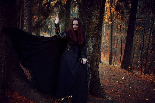 Молодая красивая и таинственная женщина в лесу, в черном плаще с капюшоном, образ лесного эльфа или ведьмы
