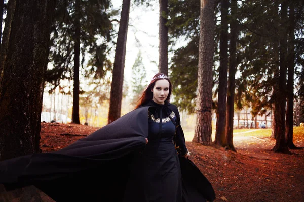 Giovane donna bella e misteriosa nel bosco, in mantello nero con cappuccio, immagine di elfo della foresta o strega — Foto Stock