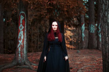 Genç güzel ve gizemli kadın ormanda hood, orman elf ya da cadı görüntü ile siyah pelerin