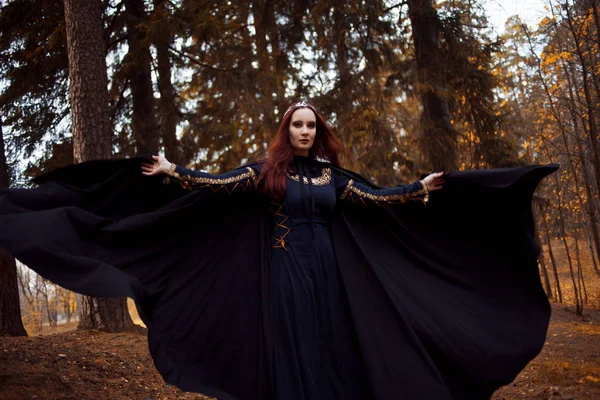 Young beautiful and mysterious woman in woods, in black cloak with hood, image of forest elf or witch — Stock Photo, Image