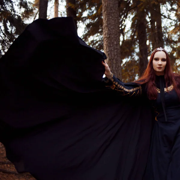 Jovem mulher bonita e misteriosa na floresta, em manto preto com capuz, imagem de elfo da floresta ou bruxa — Fotografia de Stock