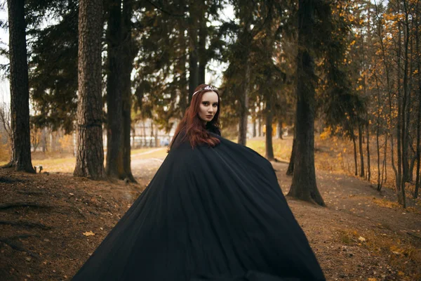 Young beautiful and mysterious woman in woods, in black cloak with hood, image of forest elf or witch — Stock Photo, Image