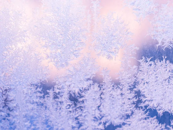 Patrón helado real en la ventana. Fondo de invierno. Vidrio esmerilado — Foto de Stock