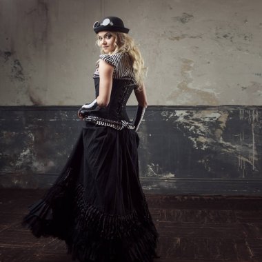 Grunge arka plan bir steampunk kadın portresi. Güzel Bayan Victoria tarzı