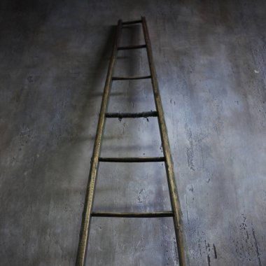 Ahşap merdiven dokulu duvara yaslanmış. Kariyer basamaklarını kavramı