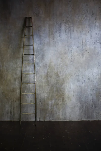 Escada de madeira encostada à parede texturizada. O conceito da escada de mão de carreira — Fotografia de Stock