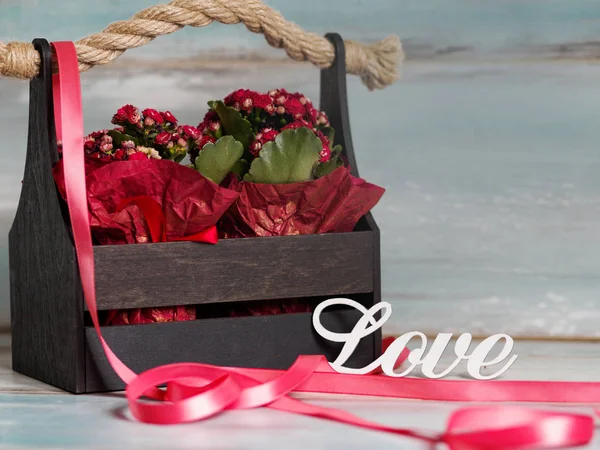 Mooie pot met bloemen verpakt in rood papier, geschenk in een houten mand, met liefde — Stockfoto