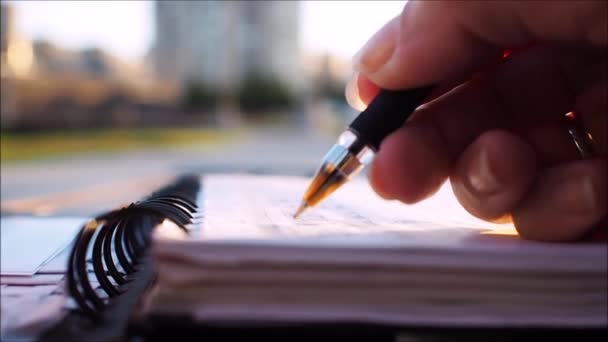 Woman writing in diary, outdoor, close-up. Goal, make a plan or concept of their business — Stock Video