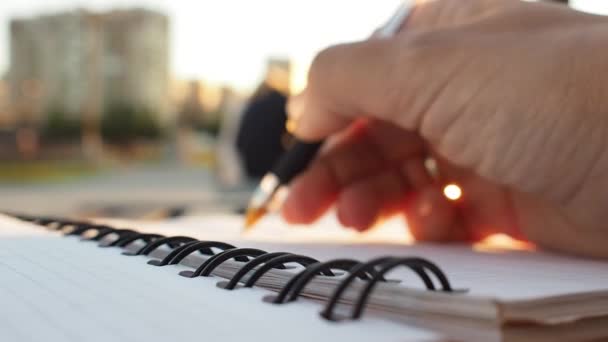 Woman writing in diary, outdoor, close-up. Goal, make a plan or concept of their business — Stock Video