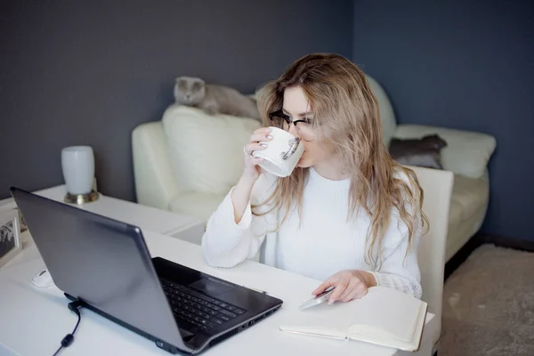 Student nebo na volné noze, práce doma s notebookem. Okouzlující mladá žena sedí u monitoru s šálkem kávy. — Stock fotografie