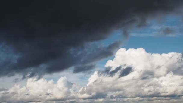 Donkere wolken dekken de blauwe hemel, prachtige wolken vliegen in de lucht — Stockvideo