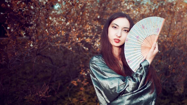 Porträtt av unga vackra asiater i grå kimono och fläkt — Stockfoto