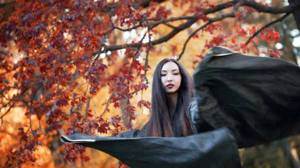 亚洲女孩在和服上的红枫叶背景 — 图库照片