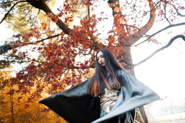 Aziatische meisje in kimono op achtergrond van rode esdoorn — Stockfoto