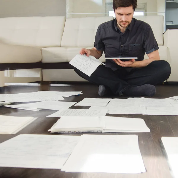 Creative approach to business, brainstorming sitting on the floor in the apartment. the double exposure effect — Stock Photo, Image