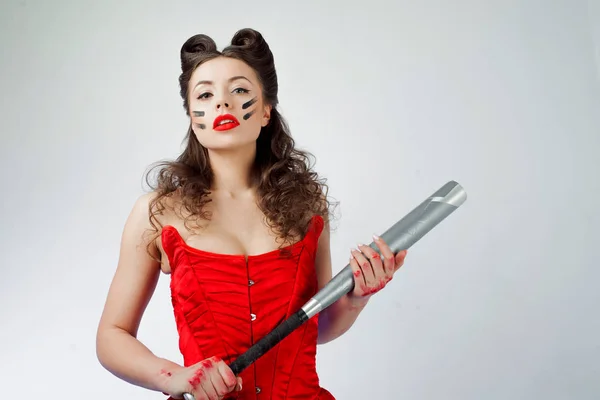 Charming lady in war paint, girl power. Babe with a bat is serious — Stock Photo, Image