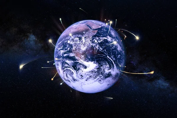 宇宙飞船离开地球, 科幻。由 Nasa 提供的这幅图像的元素. — 图库照片