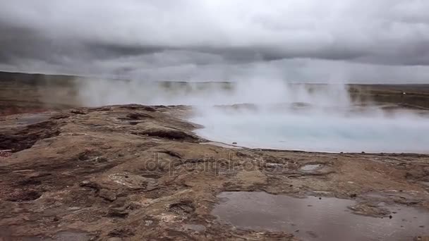 Island, ånga av varmvatten i dalen gejser — Stockvideo