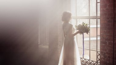 Duman arka plan üzerinde romantik gelin