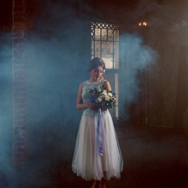 Duman arka plan üzerinde romantik gelin