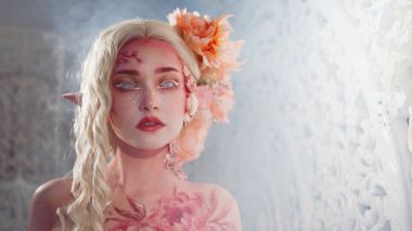 Gizemli elf kızı. Yaratıcı pembe makyaj. Elf kulakları.