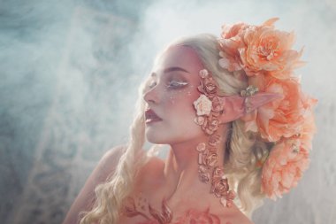 Genç güzel kız elf dumanlı arka plan üzerinde. Yaratıcı makyaj ve bodyart