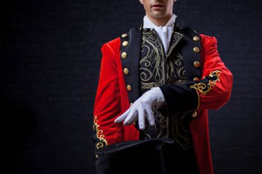 Bir sihirbaz. Close-Up el eldiven içinde kırmızı geceliğim ve silindir içinde adam.