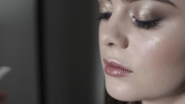 Visagist toepassing lippenstift met een borstel. Jong meisje doet professionele make-up — Stockvideo