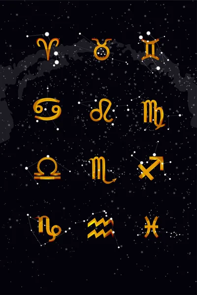 Constellations du zodiaque. Panneaux du zodiaque ensemble d'illustrations sur le fond d'un ciel étoilé — Image vectorielle