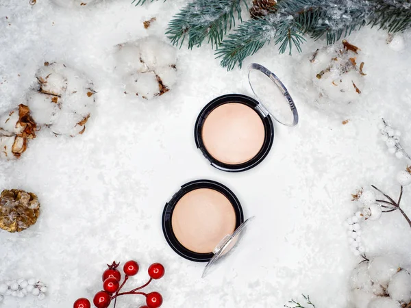 Christmas makeup and skin care. Winter makeup, new cosmetics, products for beauty and festive image. — Stock Photo, Image