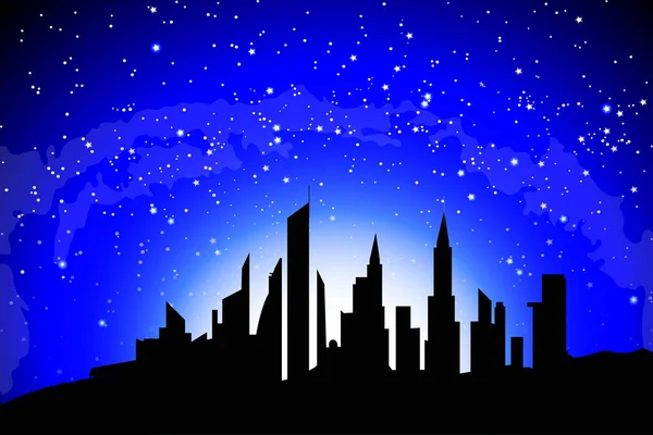 Silhouette of a big city against the background of radiance and starry sky, — Stock Vector