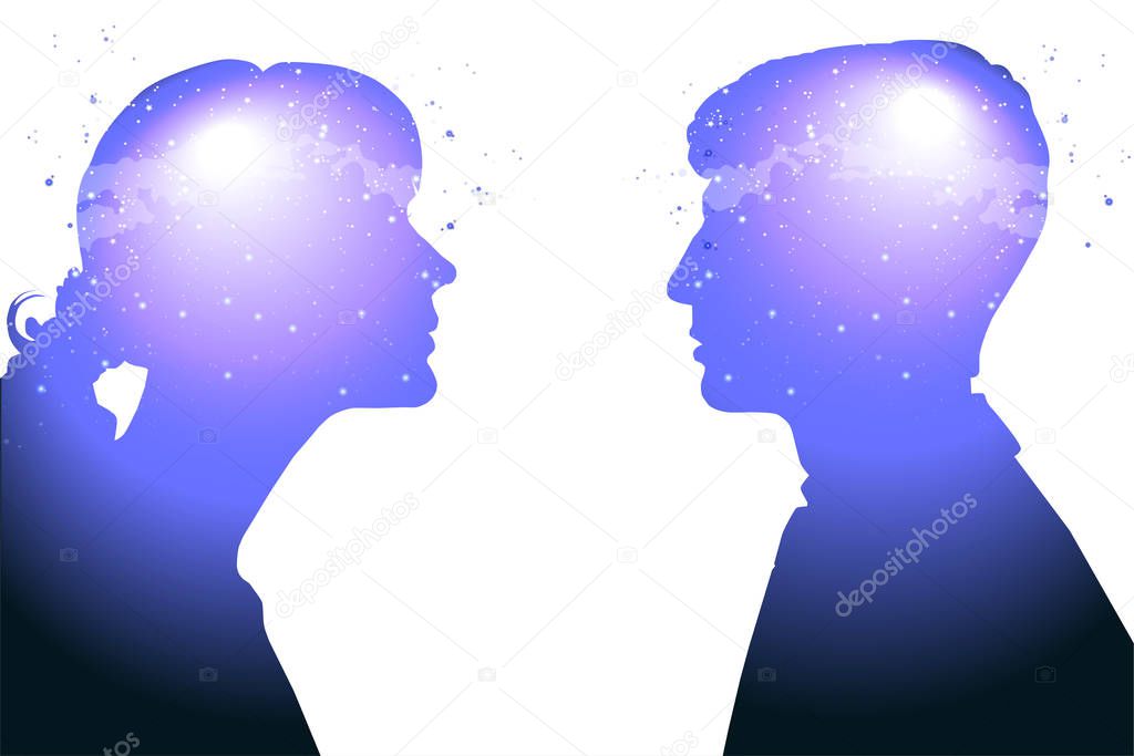 Profile of a young woman and a man with mental activity brain and consciousness, with the cosmos as a brain.